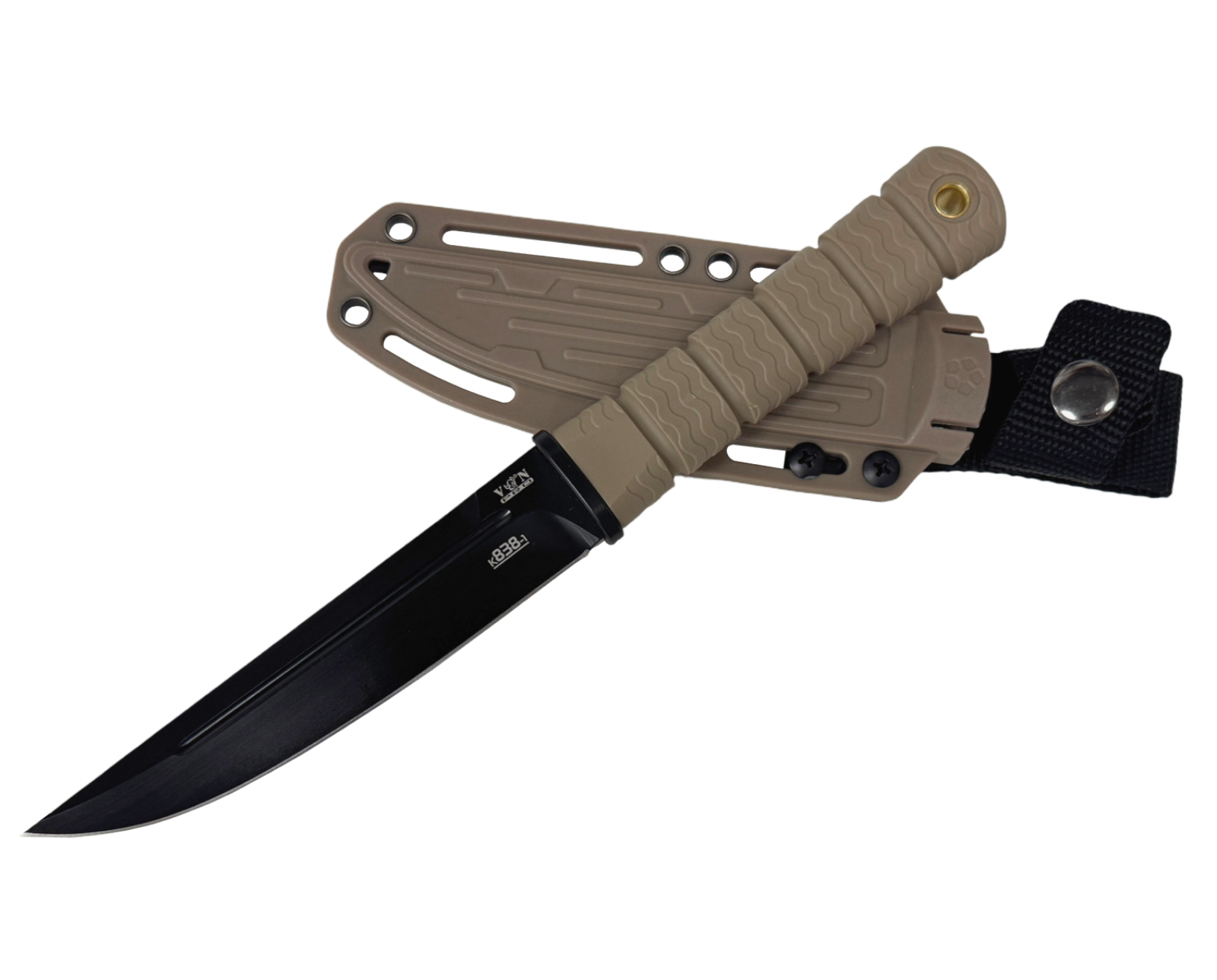 Нож фикс. VN Pro K838-1, кл. черный ст. AUS8, рук. эластомер песок