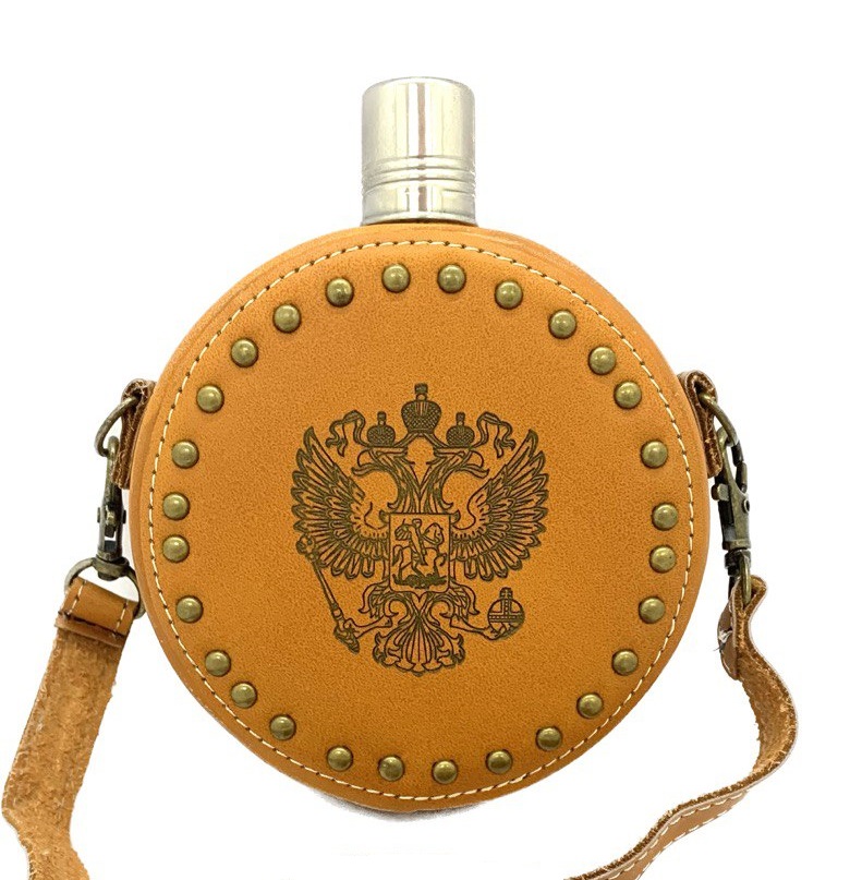 Фляга 8-10 унц. "Герб РФ" круглая, в кожаном чехле