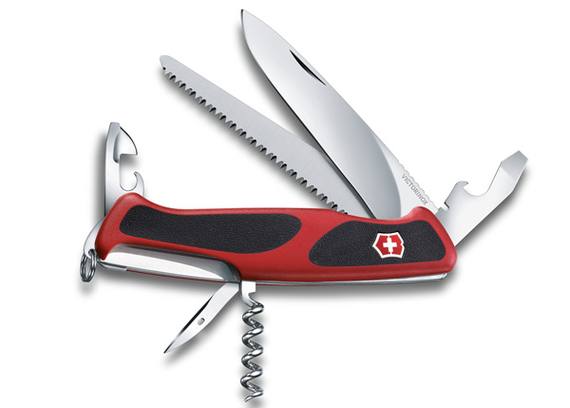 Нож перочинный VICTORINOX RangerGrip 55, 130 мм, 12 функций, с фиксатором лезвия, красный с чёрным