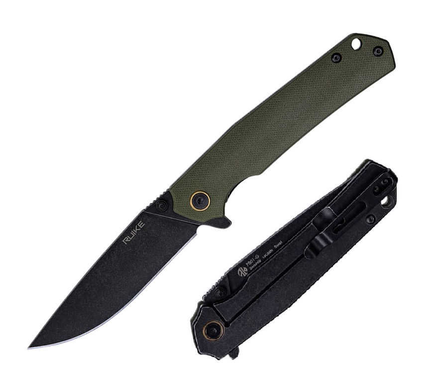 Нож скл. Ruike P801-G, кл. черный 14C28N рук. G10, зеленый